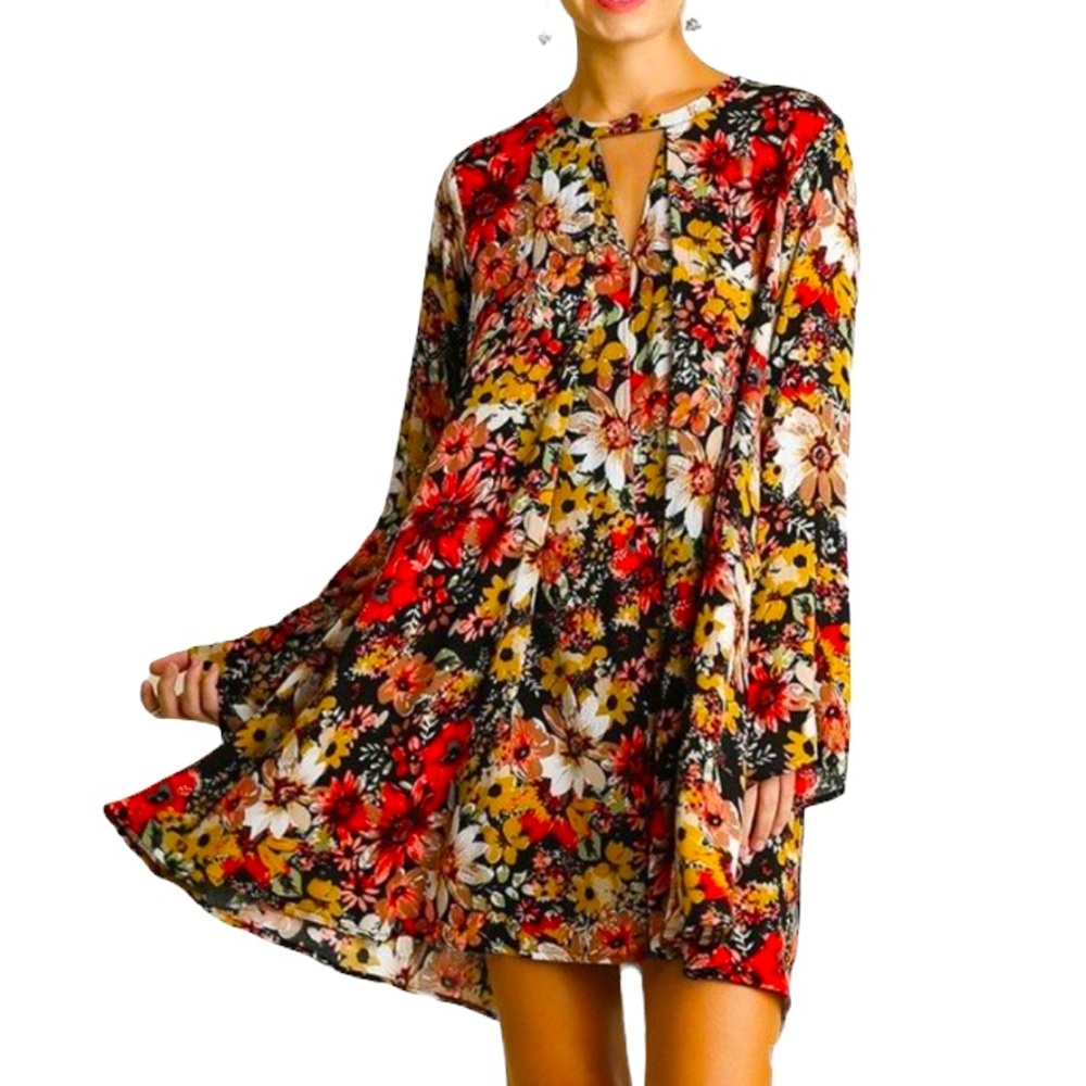 Umgee Boho Black Floral Bell Sleeve Trapeze Swing Dress Tunic top